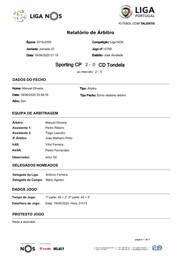 Sporting CP 2 - 0 CD Tondela Ao Intervalo: 2 - 0