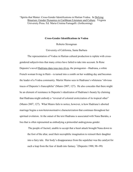 “Spirits That Matter: Cross-Gender Identifications in Haitian Vodou. in Defying Binarism: Gender Dynamics in Caribbean Literature and Culture