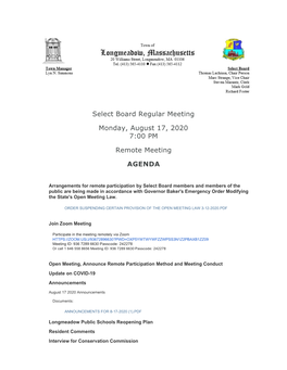 Select Board Regular Meeting Monday, August 17, 2020 7:00 PM