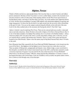 Alpine, Texas Thanks to Hollywood Movies, Many People Think of the Lone Star State As a Land of Treeless and Endless Prairies and Deserts