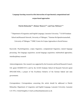 Language Learning Research at the Intersection of Experimental, Computational and Corpus-Based Approaches Patrick Rebuschat