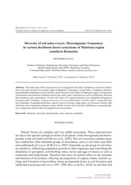 Diversity of Soil Mites (Acari: Mesostigmata: Gamasina) in Various Deciduous Forest Ecosystems of Muntenia Region (Southern Romania)