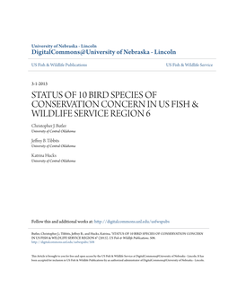 STATUS of 10 BIRD SPECIES of CONSERVATION CONCERN in US FISH & WILDLIFE SERVICE REGION 6 Christopher J