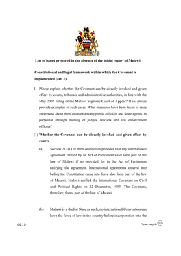 List of Issues Prepared in the Absence of the Initial Report of Malawi