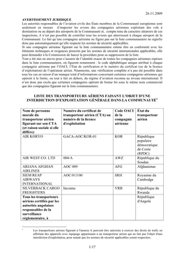 26.11.2009 1/17 Liste Des Transporteurs Aériens Faisant L'objet D'une Interdiction D'exploitation Générale Dans La Communaut