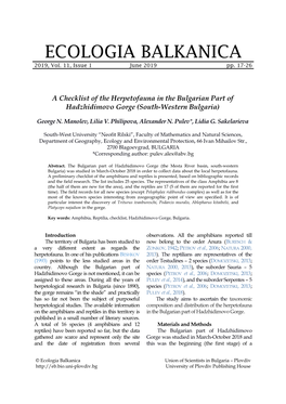 A Checklist of the Herpetofauna in the Bulgarian Part of Hadzhidimovo Gorge (South-Western Bulgaria)