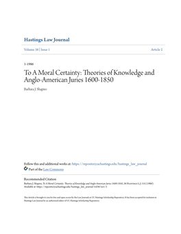 To a Moral Certainty: Theories of Knowledge and Anglo-American Juries 1600-1850 Barbara J