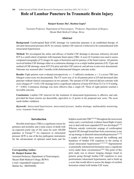 Role of Lumbar Puncture in Traumatic Brain Injury