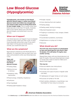 Low Blood Glucose (Hypoglycemia)