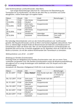 Liebe Konfirmandinnen Und Konfirmanden, Liebe Eltern, Nach Einigen Rückmeldungen Bekommt Ihr / Bekommen Sie Überarbeitung Des Terminplans Bis Zur Konfirmation