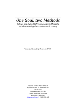 One Goal, Two Methods Belgian and Dutch CICM Missionaries in Mongolia and Gansu During the Late Nineteenth Century