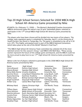 Top 20 High School Seniors Selected for 2008 WBCA High School All-America Game Presented by Nike 2007-08 021508