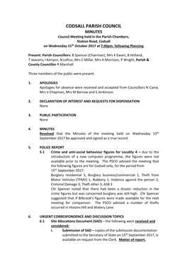 CODSALL PARISH COUNCIL MINUTES Council Meeting Held in the Parish Chambers, Station Road, Codsall on Wednesday 11Th October 2017 at 7.00Pm