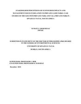 Stakeholder Perceptions of Ecotourism Impacts and Management Issues in Relation to Private Game Parks: Case Studies of the Ezulw