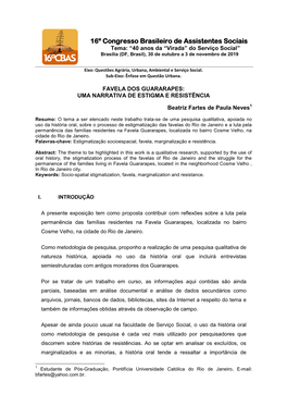 16º Congresso Brasileiro De Assistentes Sociais Tema: “40 Anos Da “Virada” Do Serviço Social” Brasília (DF, Brasil), 30 De Outubro a 3 De Novembro De 2019