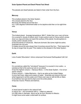 Solar System Planet and Dwarf Planet Fact Sheet