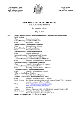 New York State Legislature Public Hearing Calendar