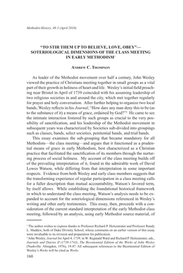 To Stir Them up to Believe, Love, Obey”— Soteriological Dimensions of the Class Meeting in Early Methodism