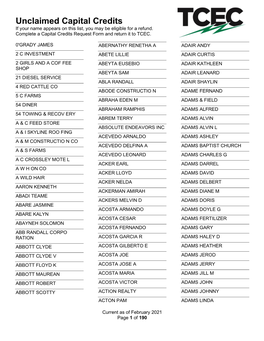 Unclaimed Capital Credits If Your Name Appears on This List, You May Be Eligible for a Refund