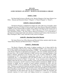 Bylaws Board of Regents James Monroe Law Office – Museum and Memorial Library