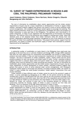 10. Survey of Timber Entrepreneurs in Region 8 and Cebu, the Philippines: Preliminary Findings