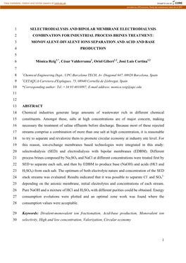 1 Selectrodialysis and Bipolar Membrane