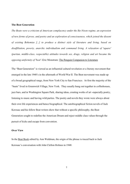 1 the Beat Generation the Beats Were a Criticism of American Complacency Under the Ike-Nixon Regime, an Expression of New Forms