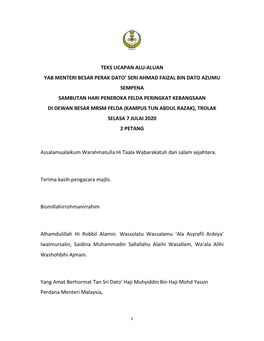 Teks Ucapan Alu-Aluan Yab Menteri Besar Perak Dato