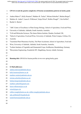 GWAS Reveals the Genetic Complexity of Fructan Accumulation Patterns in Barley Grain 2 3 Andrea Matros1*, Kelly Houston2, Matthew R
