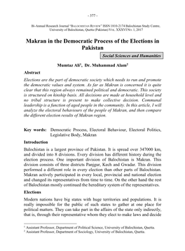 Makran in the Democratic Process of the Elections in Pakistan Social Sciences and Humanities