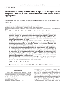 Antiplatelet Activity of Obovatol, a Biphenolic Component of Magnolia Obovata, in Rat Arterial Thrombosis and Rabbit Platelet Aggregation