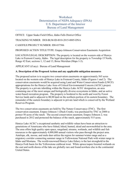 Empey-Johnson Conservation Easements Acquisition LOCATION/LEGAL DESCRIPTION: the Property Is Located on the Western Side of Henrys Lake in Fremont County, Idaho