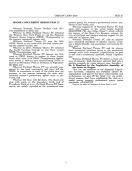 OREGON LAWS 2019 HCR 27 HOUSE CONCURRENT RESOLUTION 27 Whereas Portland Thorns Football Club (FC) Was Established in 2012; and W