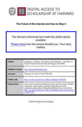 The Future of the Internet and How to Stop It the Harvard Community Has