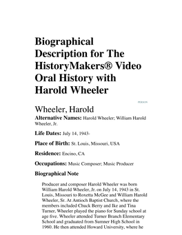 Biographical Description for the Historymakers® Video Oral History with Harold Wheeler