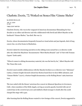 Charlotte Zwerin, 72; Worked on Stones Film 'Gimme Shelter' - Los Ang