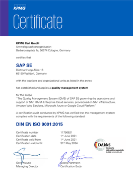 Sap Se Din En Iso 9001:2015