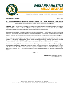 A's Reinstate LHP Brett Anderson from PL