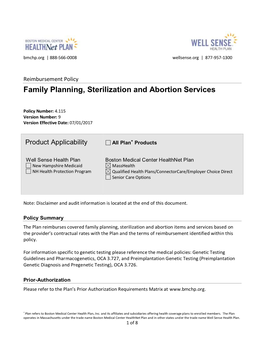 Family Planning, Sterilization and Abortion Services