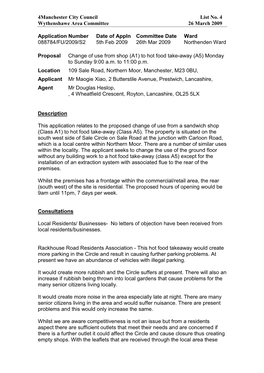 Application 088784, List No4 to the Wythenshawe Area Committeee 26 March 2009