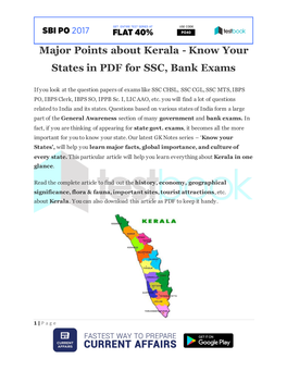 Major Points About Kerala - Know Your States in PDF for SSC, Bank Exams
