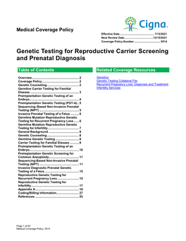 Genetic Testing for Reproductive Carrier Screening and Prenatal Diagnosis