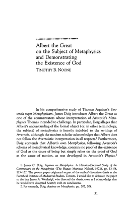 Albert the Great on the Subject of Metaphysics and Demonstrating the Existence of God TIMOTHY B
