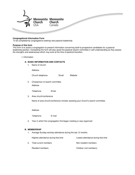 Congregational Information Form to Be Completed by Congregations Seeking New Pastoral Leadership