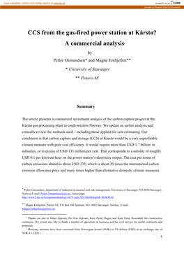 CCS from the Gas-Fired Power Station at Kårstø? a Commercial Analysis1