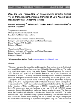 Modeling and Forecasting of Engraulicypris Sardella (Usipa) Yields from Mangochi Artisanal Fisheries of Lake Malawi Using Holt Exponential Smoothing Method