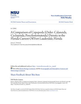 A Comparison of Copepoda (Order: Calanoida, Cyclopoida, Poecilostomatoida) Density in the Florida Current Off Fort Lauderdale, Florida