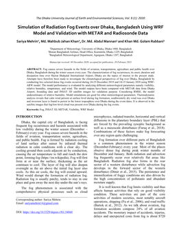 Simulation of Radiation Fog Events Over Dhaka, Bangladesh Using WRF Model and Validation with METAR and Radiosonde Data