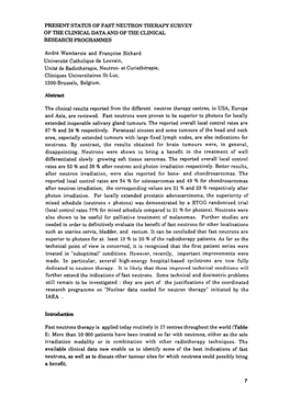 Present Status of Fast Neutron Therapy Survey of the Clinical Data and of the Clinical Research Programmes