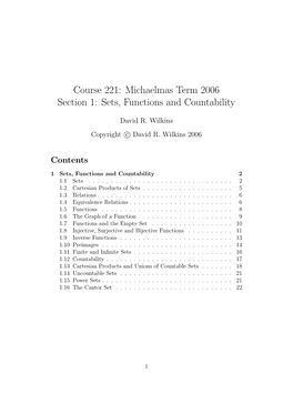 Course 221: Michaelmas Term 2006 Section 1: Sets, Functions and Countability